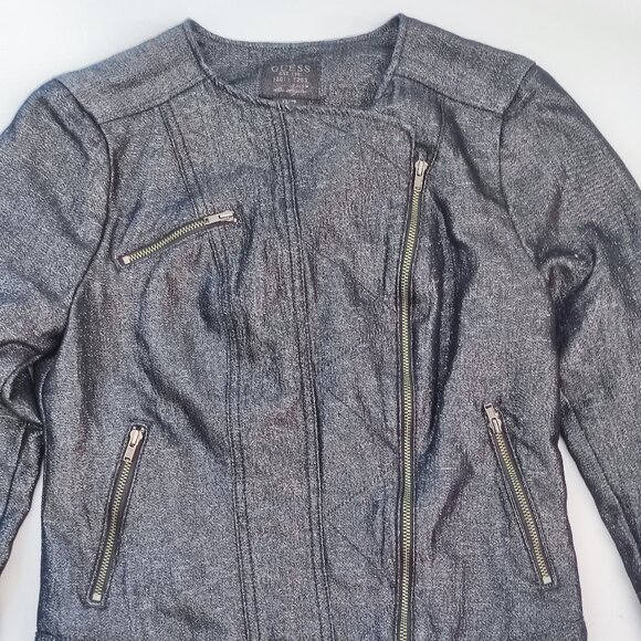 Guess Moto style jacket grey with metallic silver pattern women's size XS - Picture 2 of 11